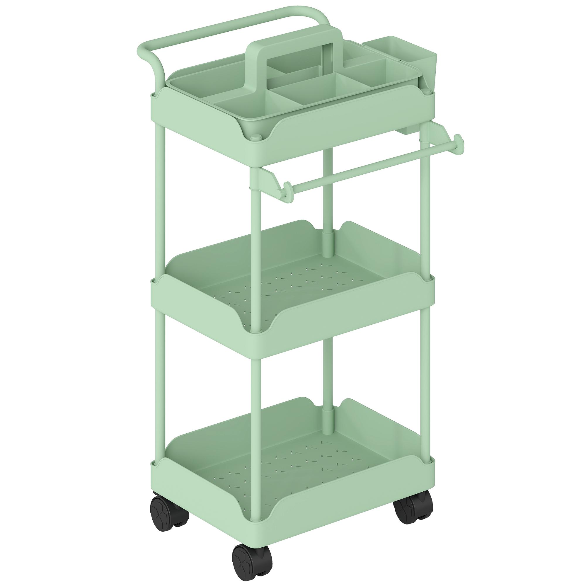 Carrinho Auxiliar com Rodas de 3 Níveis com Cestos Extraíveis Suporte para Toalhas e Estrutura de Metal 42x42,5x76 cm Verde