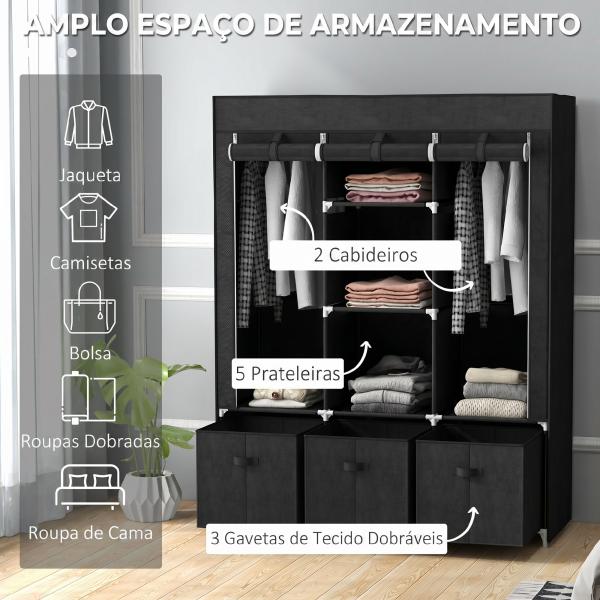Roupeiro de Tecido com 2 Varões 5 Prateleiras 3 Gavetas Fecho de Correr Estrutura de Aço 125x43x162,5 cm Preto
