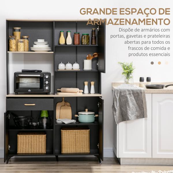 Armário de Cozinha com 1 Gaveta 3 Portas e Armazenamento Aberto Estilo Moderno 119x41x180cm Preto