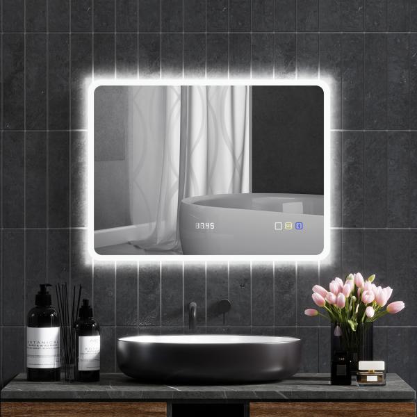 Espelho de Casa de Banho com Luz LED 80x60 cm Bluetooth 3 Cores de Luz Relógio Digital Função Antiembaciamento Função de Memória Prata