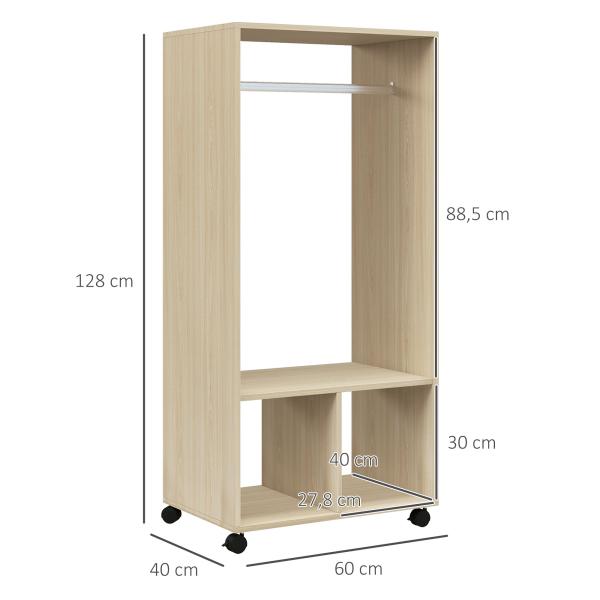 Roupeiro de Madeira Móvel Armário Roupeiro Aberto com Barra para Pendurar e Prateleiras Organizadoras 60x40x128 cm Madeira