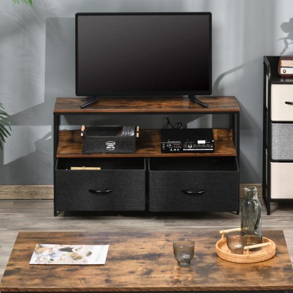 Móvel de TV até 47” Móvel de TV Industrial com Prateleira e 2 Cestos de Tecido Dobráveis para Sala de Estar Dormitório Estrutura de Metal 98x29x56cm Marrom Rústico e Preto