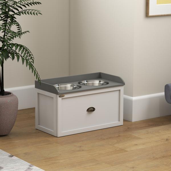 Comedouro Elevado para Cães com 2 Tigelas 2000ml de Aço Inoxidável Gaveta Oculta com Suporte de Madeira 60x30x36cm Branco