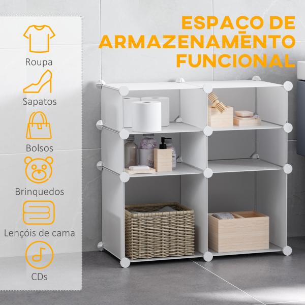 Armário Modular de Plástico Armário Modular com 6 Cubos Organizador de Roupas Sapatos Brinquedos 75x37x73cm Branco