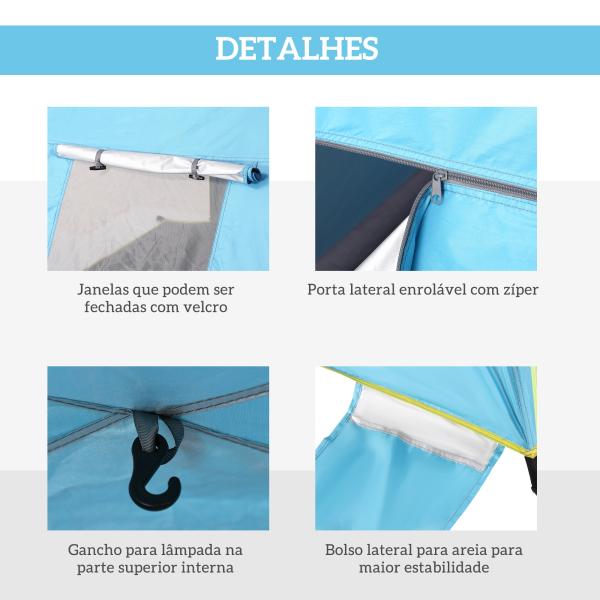 Tenda de Praia Pop - up para 1 - 2 Pessoas com 2 Acessos, 2 Janelas e Bolsa de Transporte 220x173x120 cm Azul Claro