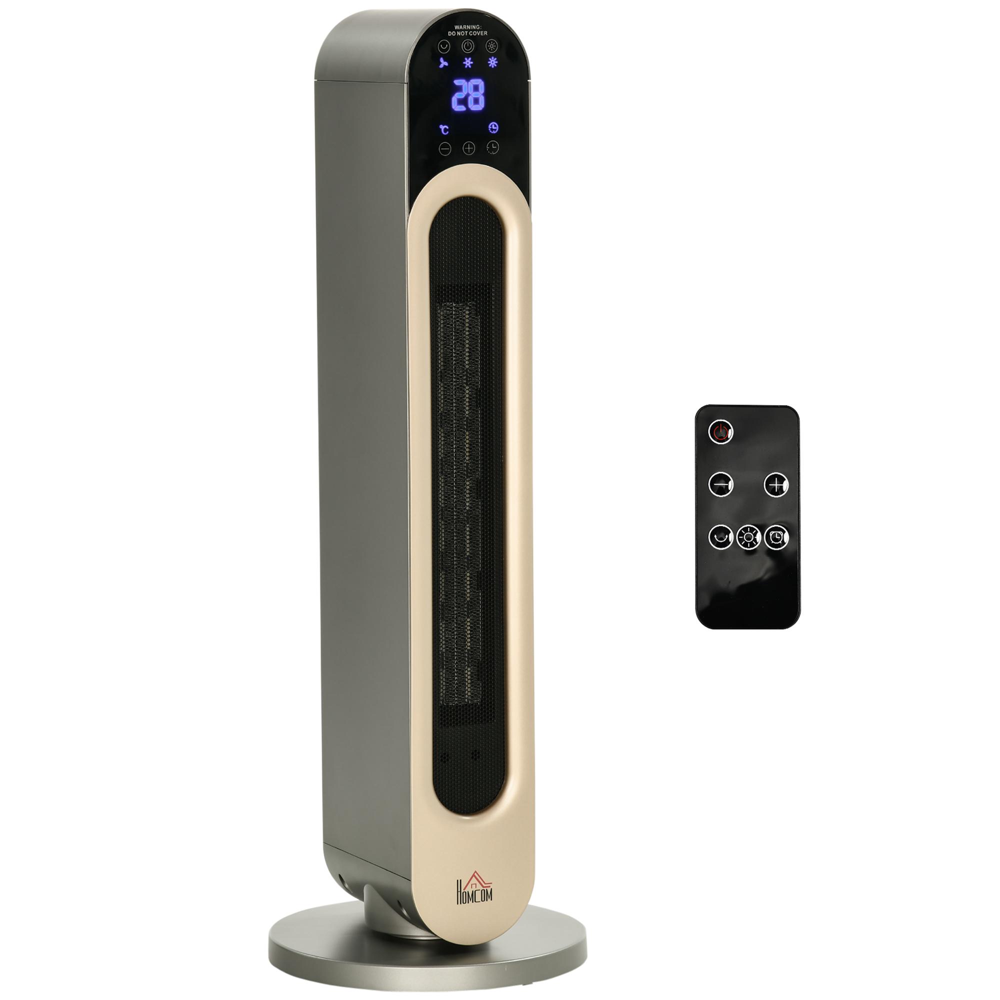 Aquecedor Cerâmico de Torre 1100/2200W com Controlo Remoto Ecrã LED Temporizador de 12h Termostato 3 Modos Ø25x73,5 cm Prata