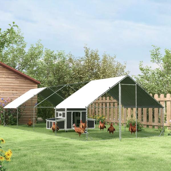Galinheiro Exterior Grande 24 m² Gaiola para 16 - 24 Galinhas 3x8x2 m Galinheiro de Aço Galvanizado com Cobertura de PE e Porta com Fecho para Patos e Coelhos Prateado