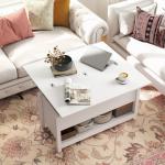 Mesa de Centro Elevatória e Extensível com Compartimentos Ocultos e Prateleira Aberta 100x90x64 cm Branco