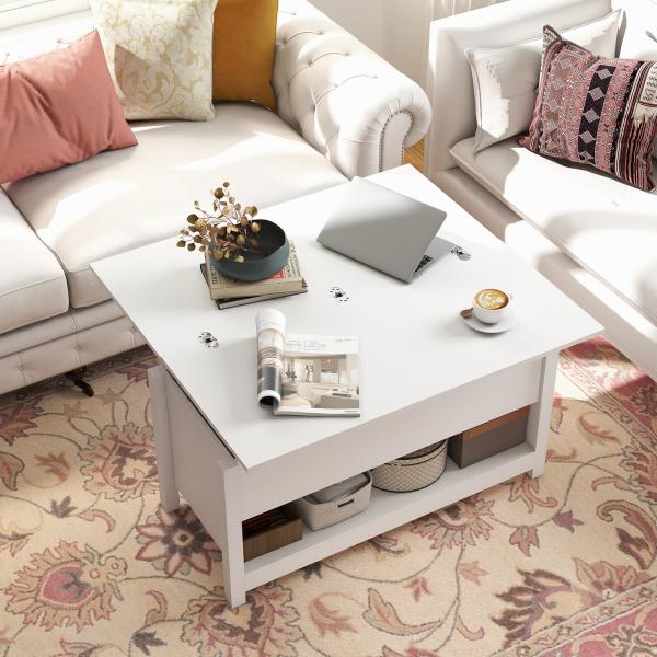 Mesa de Centro Elevatória e Extensível com Compartimentos Ocultos e Prateleira Aberta 100x90x64 cm Branco