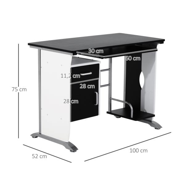 Mesa para Computador com Gaveta Armário e Suporte para CPU Secretária para Escritório 100x52x75cm Preto e Branco