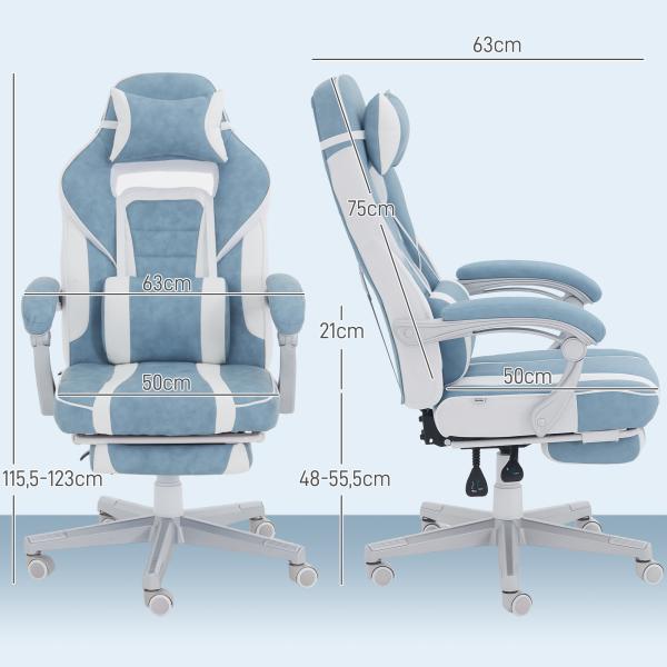 Cadeira Gaming Cadeira de Escritório Reclinável Apoio para os Pés Retrátil Suporte Lombar e Almofada para a Cabeça 63x63x115,5 - 123 cm Azul