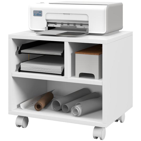 Móvel para Impressora com Rodas Suporte para Impressora com Compartimentos Abertos para Escritório Estúdio 40x30x36 cm Branco