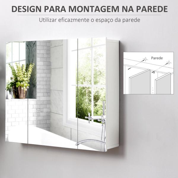 Armário de Casa de Banho com 3 Portas com Espelho Armário de Parede com Prateleiras Internas Ajustáveis 70x15x60 cm Branco