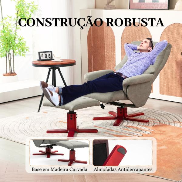 Poltrona Reclinável com Apoio para os Pés Estofada em Tecido Técnico Estrutura de Madeira Função Basculante Cinzento