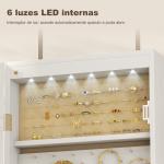 Espelho de Joias com Luz LED, Armário Montado na Parede ou Porta com Fechadura e Espelho Branco de Corpo Inteiro