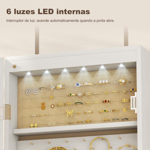 Espelho de Joias com Luz LED, Armário Montado na Parede ou Porta com Fechadura e Espelho Branco de Corpo Inteiro
