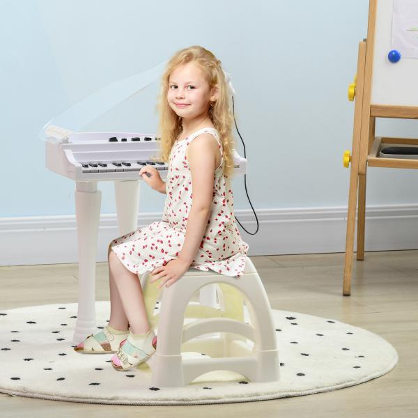Piano Eletrónico para Crianças com 32 Teclas Microfone Luzes 22 Músicas 4 Tons e Volume Ajustável 37x30,5x60,4 cm Branco