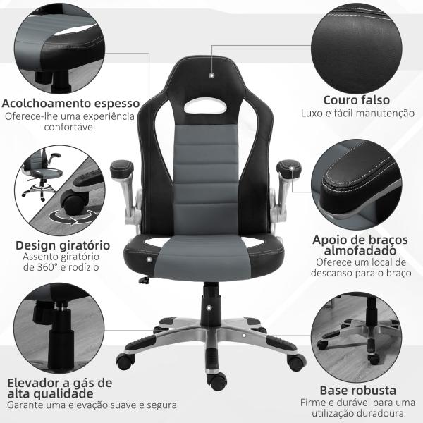 Cadeira de escritório ergonômica Altura ajustável apoio de Braço dobrável com 5 rodas Carga 120 kg 65x69x112 - 122 cm cinza