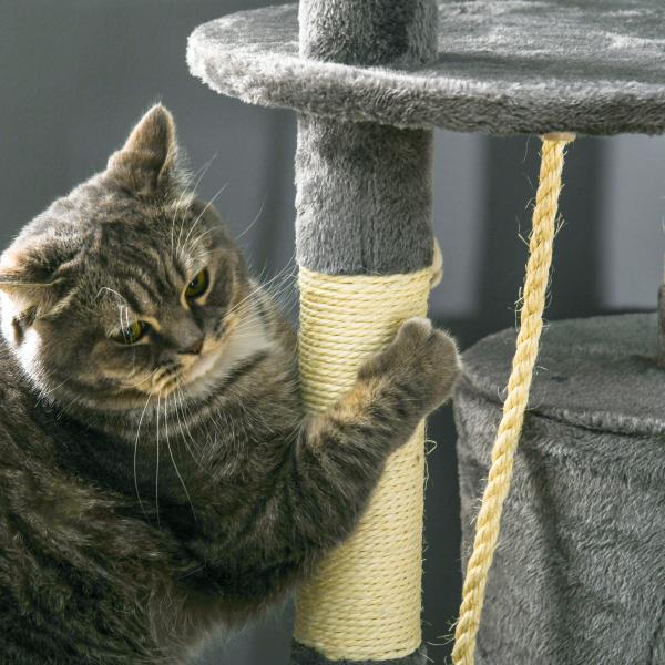 Arranhador para Gatos com 4 Níveis com Poste para Afiar as Garras Caverna Plataformas e Brinquedos 40x40x116 cm Cinzento Escuro