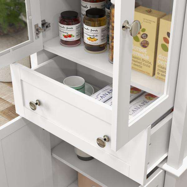 Armário de Cozinha Móvel Auxiliar de Cozinha com 2 Portas de Vidro Gaveta e Prateleiras Ajustáveis 61x35x168,5 cm Branco