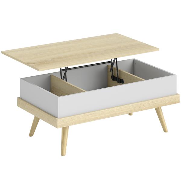 Mesa de Centro Elevatória com 3 Compartimentos de Armazenamento Ocultos e Pés de Madeira 100x79x54 cm Madeira e Branco