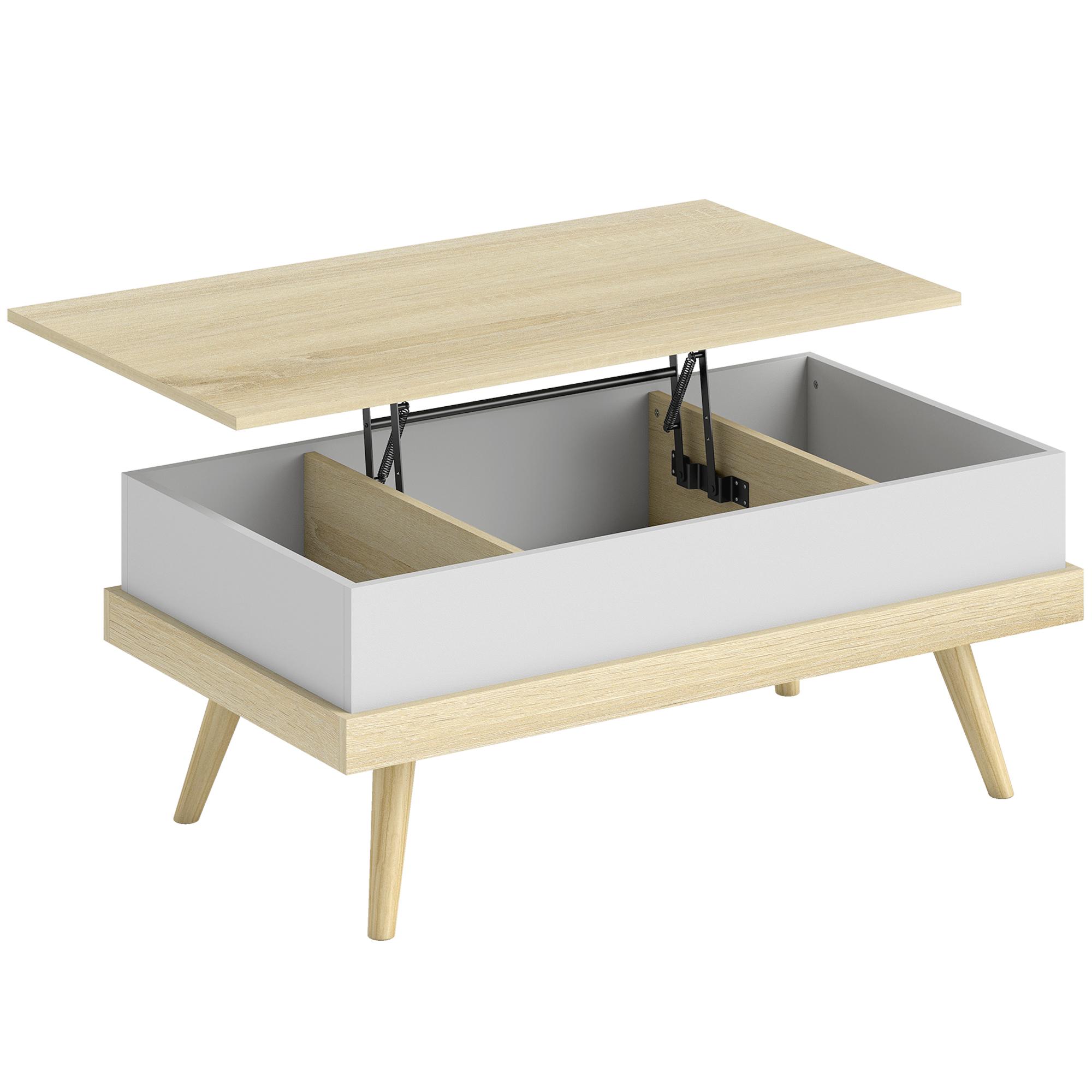 Mesa de Centro Elevatória com 3 Compartimentos de Armazenamento Ocultos e Pés de Madeira 100x79x54 cm Madeira e Branco