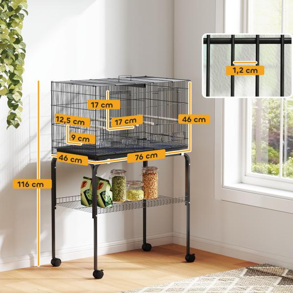 Gaiola para Pássaros com Divisória Rodas Gaiola para Aves com Comedouros Poleiros e Bandeja Removível 76x46x116 cm Preto