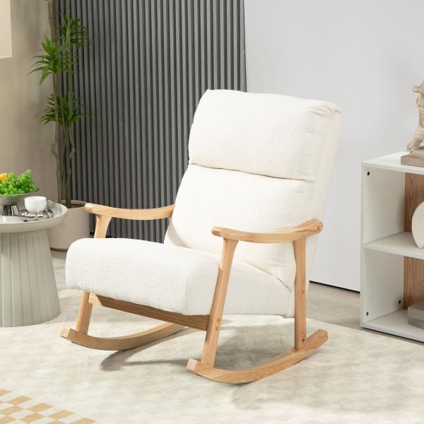 Poltrona Baloiço Moderna em Borrego com Apoio para os Braços de Madeira de Faia Poltrona de Amamentação 65x90x98 cm Creme