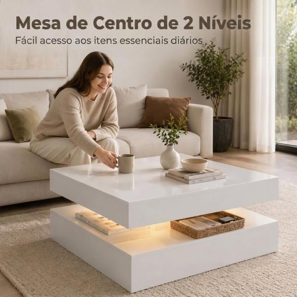 Mesa de Centro com LED RGB de 7 Cores com Armazenamento Aberto e Controlo Remoto 78x78x40 cm Branco