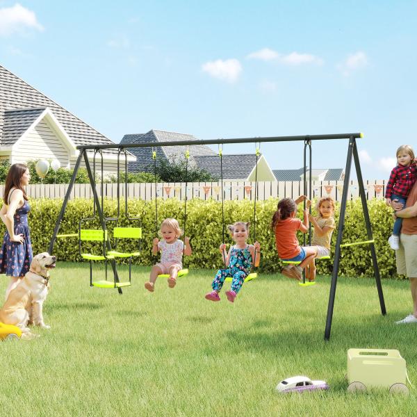 Conjunto de Baloiços Infantil com 2 Baloiços Baloiço Duplo e Estrutura de Aço para Crianças de 3 - 8 Anos 355x184x186 cm Verde