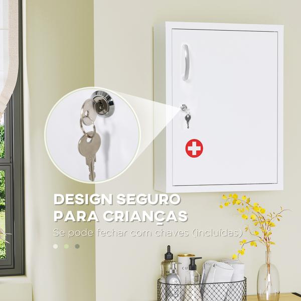 Armário de Parede de Aço para Medicamentos de 3 Níveis com Fechadura e 2 Chaves para Casa de Banho 40x15x53,5 cm Branco