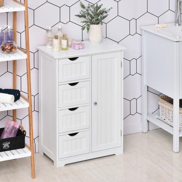Armário Casa de Banho Móvel Auxiliar Organizador Moderno de Madeira com 1 Armário e Gavetas 56x30x83 cm Branco