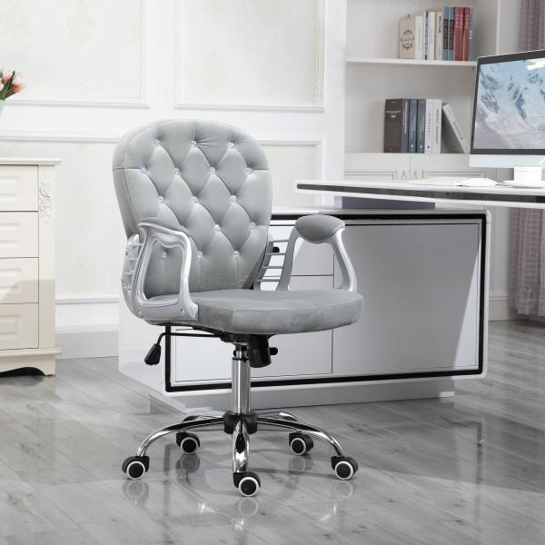 Cadeira de Escritório Estofada em Veludo Cadeira Giratória com Altura Ajustável e Decorações de Cristal 59,5x60,5x95 - 105 cm Cinzenta