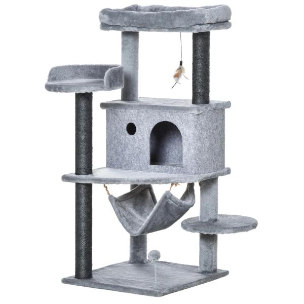Árvore Arranhadora para Gatos 48x48x107cm com Caverna de Feltro Desmontável Rede Camas de Felpa Múltiplas Plataformas Poste Arranhador de Sisal e Brinquedos Cinza