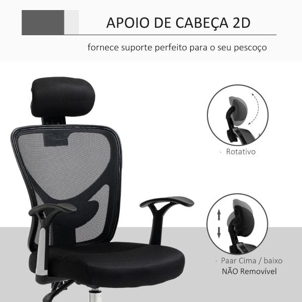 Cadeira de Escritório Ergonômica Cadeira de Escritório Giratória com Altura Ajustável Função Reclinável Apoio para a Cabeça e Suporte Lombar 65x67x108 - 118cm Preto