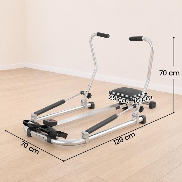 Máquina de Remo Hidráulico Dobrável com 4 Níveis de Resistência Ecrã Digital e Pedal Antiderrapante para Fitness em Casa Aço 129x70x70cm Preto e Prata
