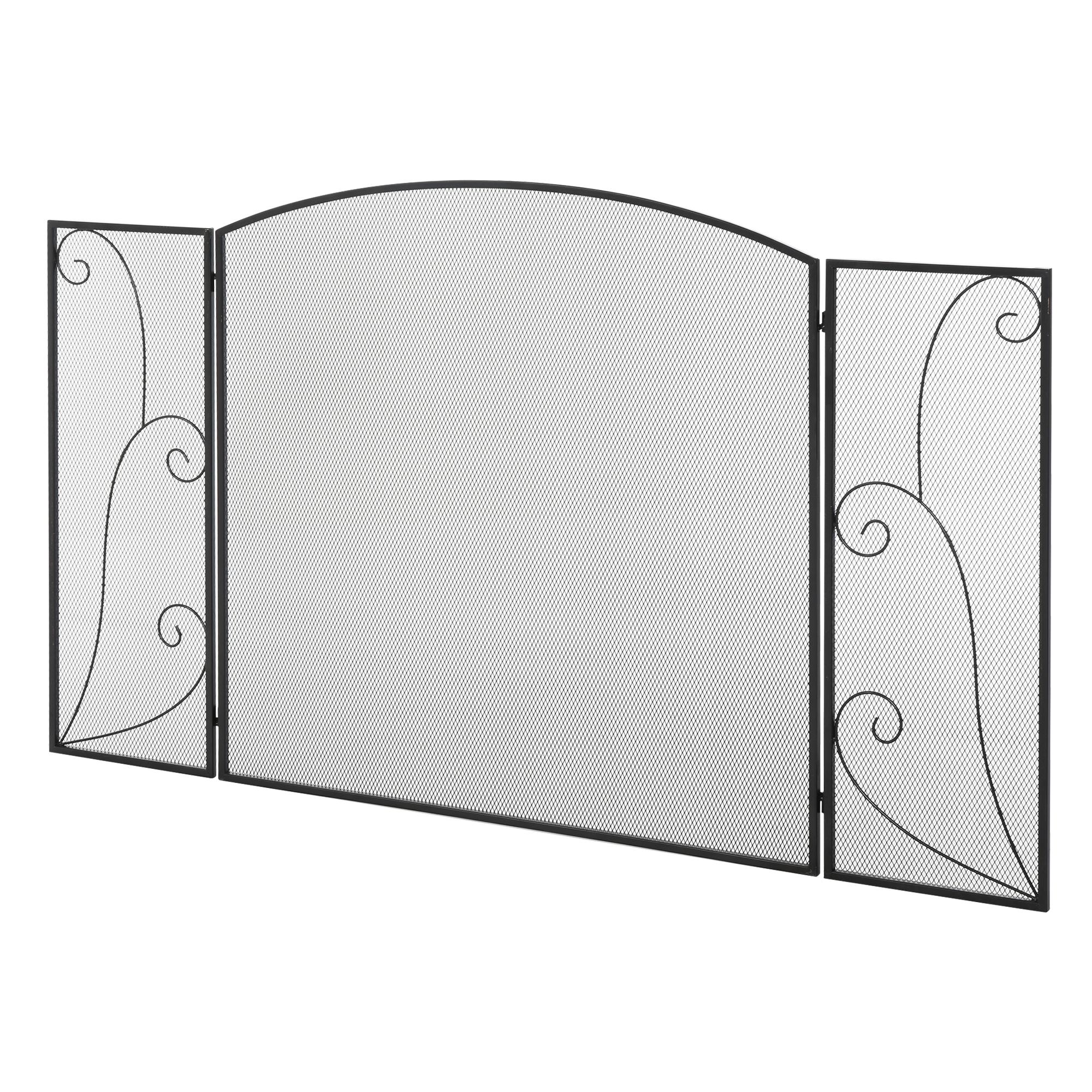 Frente para Lareira de 3 Painéis Dobrável com Dobradiças Estrutura Metálica e Malha Decorativa 132,5x76,5cm Preto