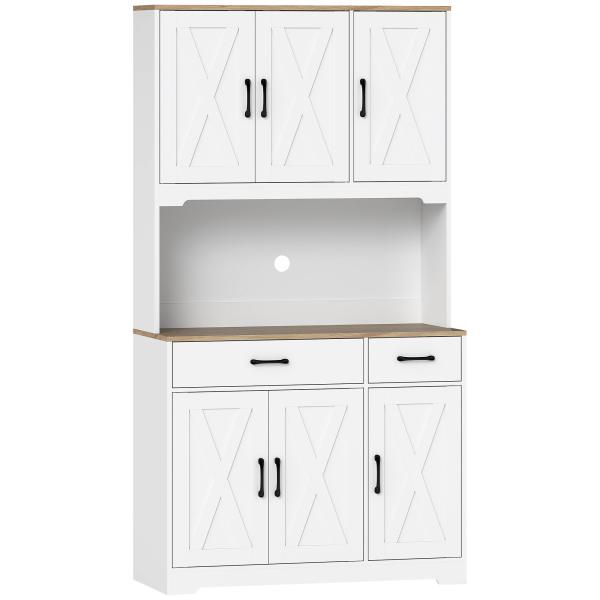 Armário de Cozinha Alto Móvel Auxiliar de Cozinha com Bancada Aberta para Micro - Ondas 2 Gavetas Prateleiras Ajustáveis 94x39,5x175,2 cm Branco