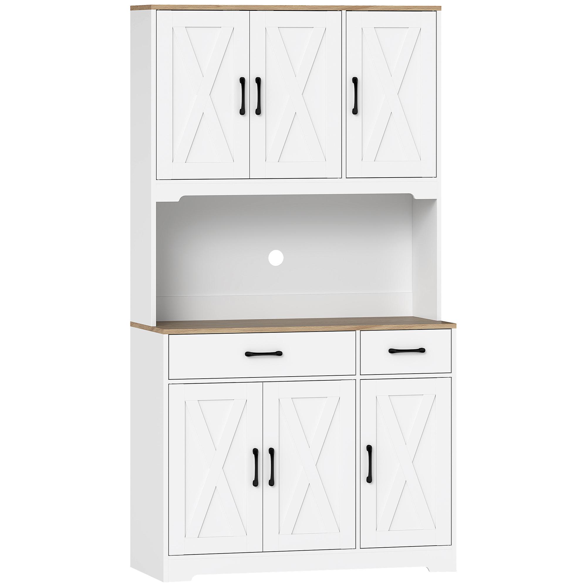 Armário de Cozinha Alto Móvel Auxiliar de Cozinha com Bancada Aberta para Micro - Ondas 2 Gavetas Prateleiras Ajustáveis 94x39,5x175,2 cm Branco