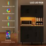 Armário de Cozinha Alto com Luzes LED RGB com 6 Portas 2 Gavetas Bancada 100x40x176 cm Preto e Madeira