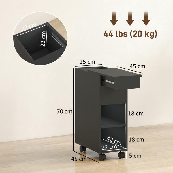 Mesa Auxiliar com Bancada Deslizante e Rodas Mesa Auxiliar com Armazenamento Oculto e Prateleira Ajustável 45x25x70 cm Preto