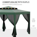 Pérgola de Jardim com 4 Mosquiteiras Teto Duplo 8 Orifícios de Drenagem e Estrutura de Metal 297x297x268 cm Verde