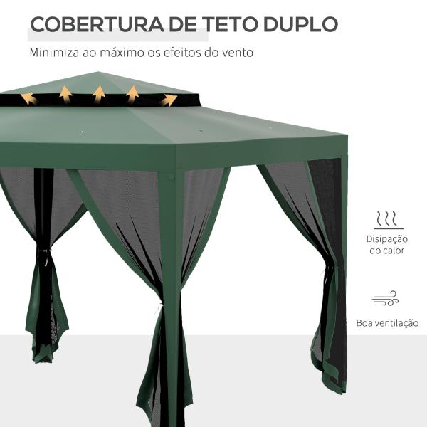 Pérgola de Jardim com 4 Mosquiteiras Teto Duplo 8 Orifícios de Drenagem e Estrutura de Metal 297x297x268 cm Verde