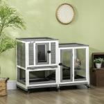 Coelheira de Madeira Interior Gaiola para Coelhos de 2 Níveis com Rodas 2 Rampas 3 Bandejas Amovíveis 110x50x86 cm Cinza