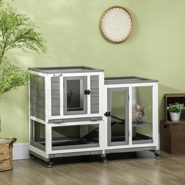 Coelheira de Madeira Interior Gaiola para Coelhos de 2 Níveis com Rodas 2 Rampas 3 Bandejas Amovíveis 110x50x86 cm Cinza