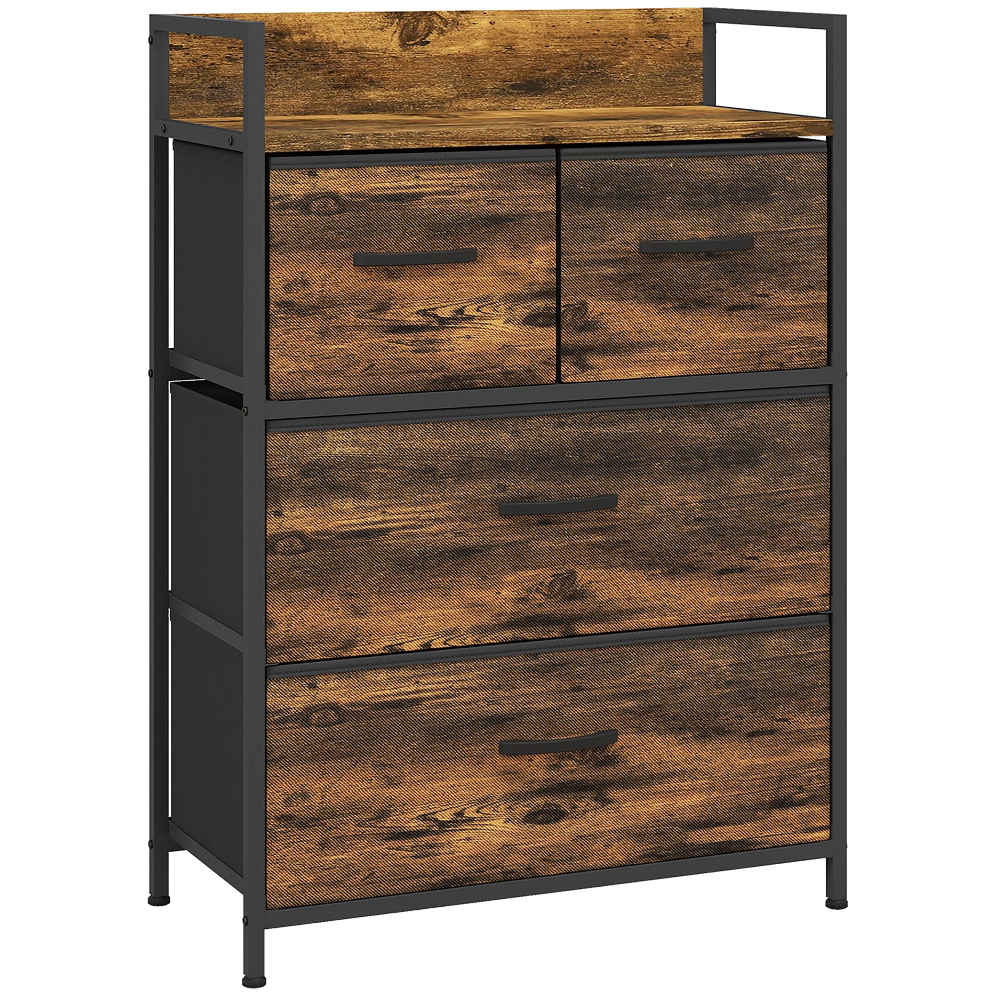 Cómoda de Quarto com 4 Gavetas Dobráveis Prateleira Aberta e Estrutura de Aço para Sala Entrada 60x29x85 cm Castanho Rústico