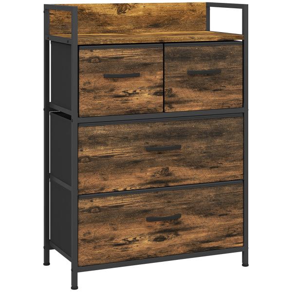 Cómoda de Quarto com 4 Gavetas Dobráveis Prateleira Aberta e Estrutura de Aço para Sala Entrada 60x29x85 cm Castanho Rústico
