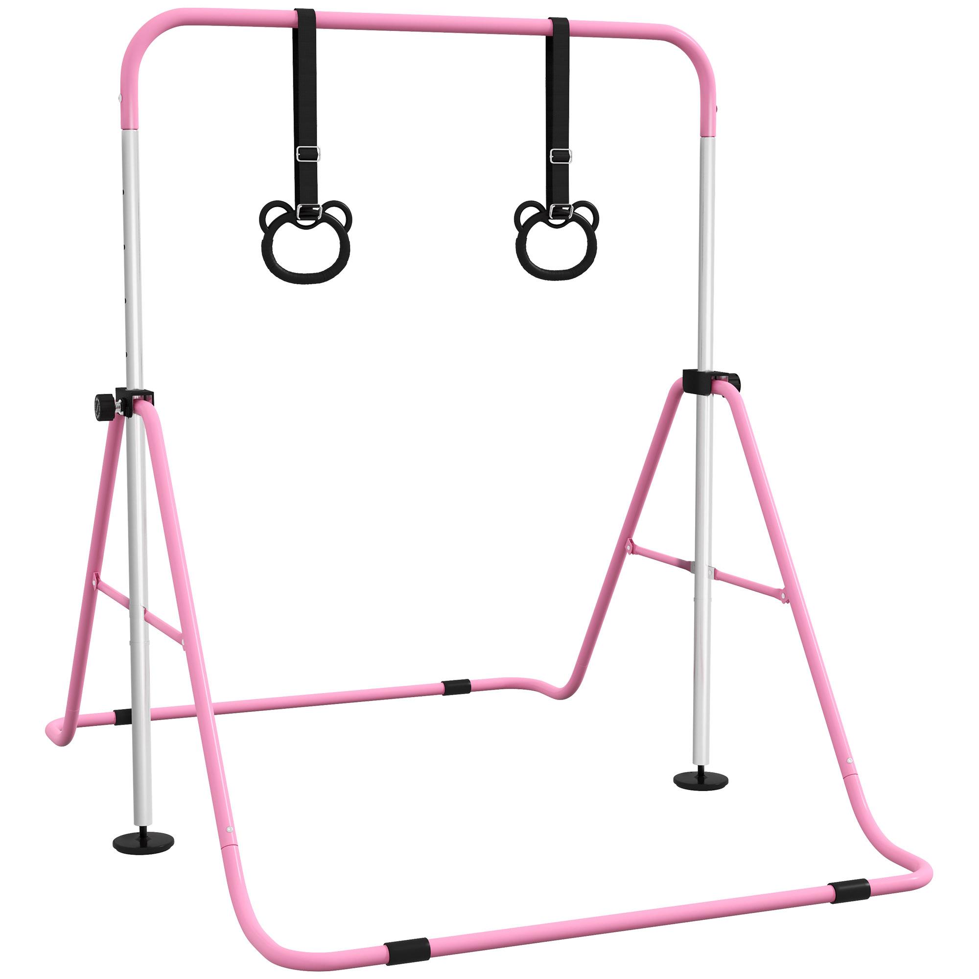 Barra de Ginástica para Crianças com Altura Ajustável em 5 Níveis Anéis e Dobrável 148x105x88 - 128 cm Rosa