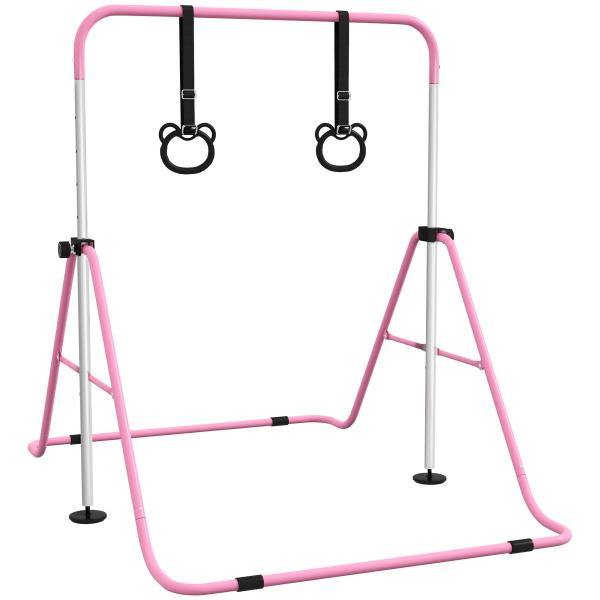 Barra de Ginástica para Crianças com Altura Ajustável em 5 Níveis Anéis e Dobrável 148x105x88 - 128 cm Rosa