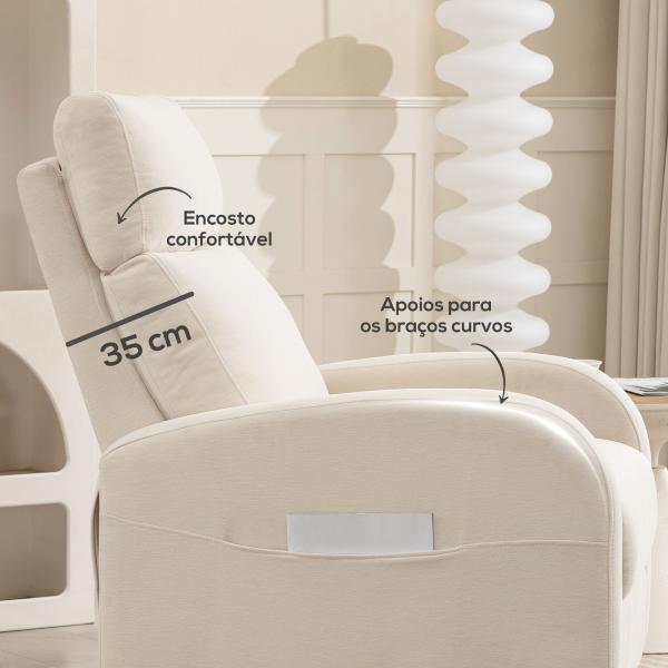 Poltrona Relax Reclinável Manual Estofada em Linho Sintético com Apoio para os Pés e Bolso Lateral 68x90x106 cm Creme